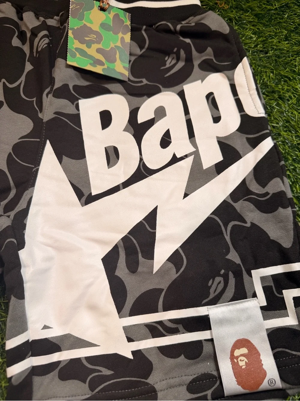 Bape Black & Gray Camo Shorts with Green Accent Strap